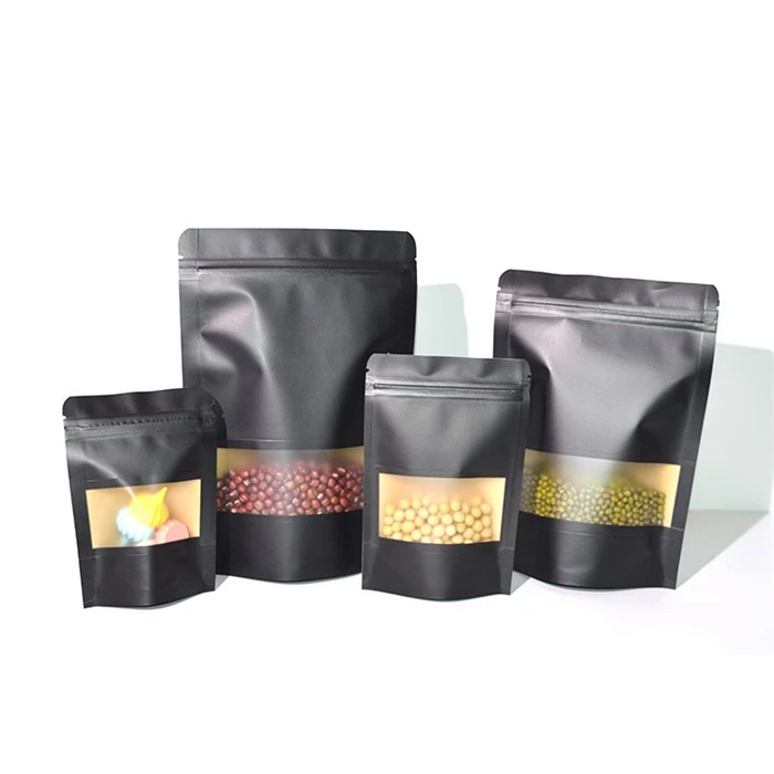 Wholesale Custom Printed Recycled Black Matte Kraft Paper Zipper Bag With Window